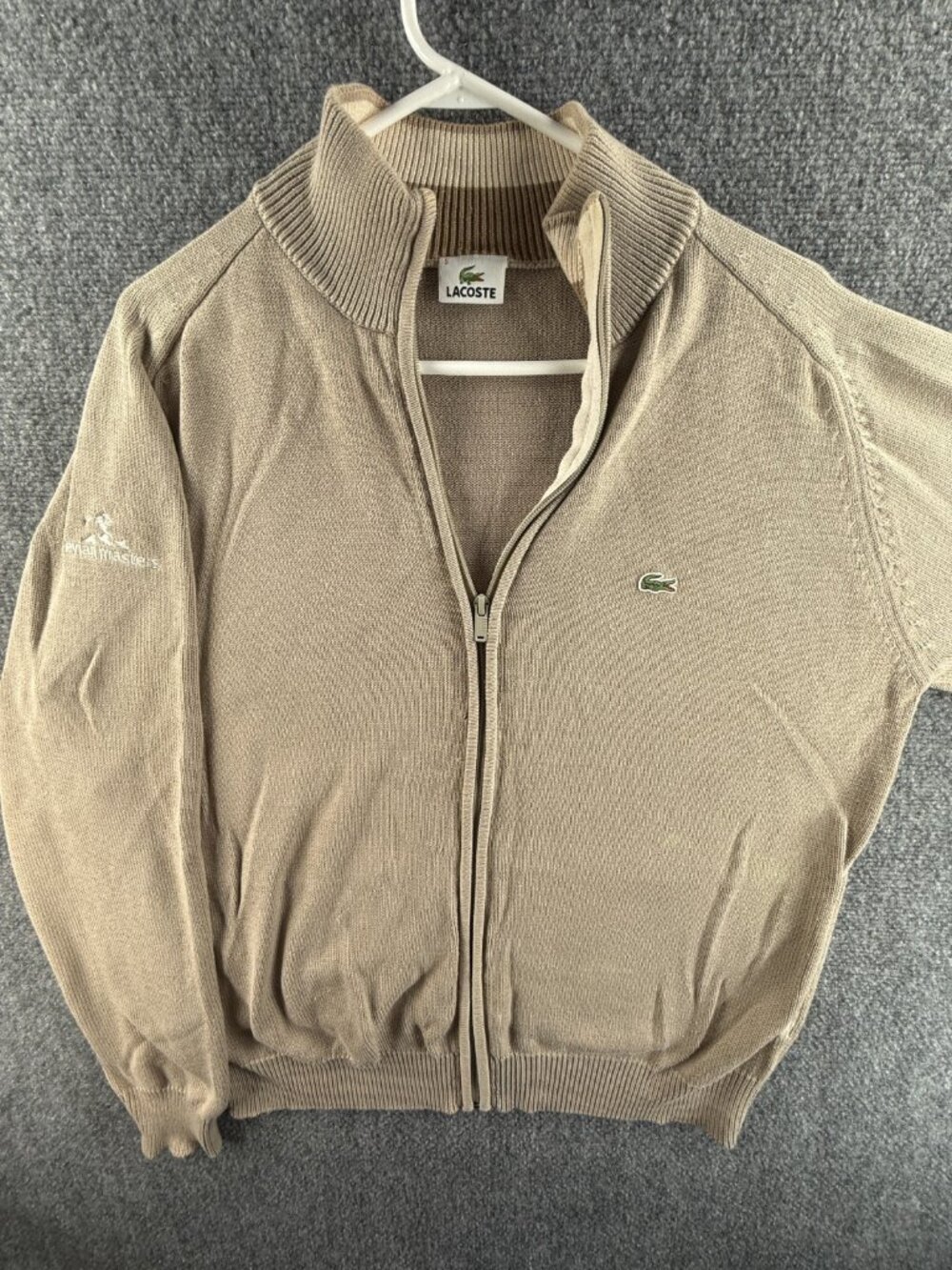 Lacoste Men Sweater Jacket Beige Full Zip Size 5 Large Knit Logo Cotton Pockets